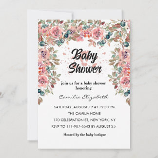 Pink Floral Pretty Watercolor Flowers Baby Shower Invitation
