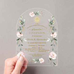 Pink Floral Primera Comunión Twins Holy Communion Acrylic Invitations