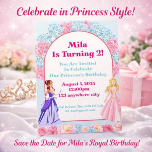 Pink floral princess birthday invitation 