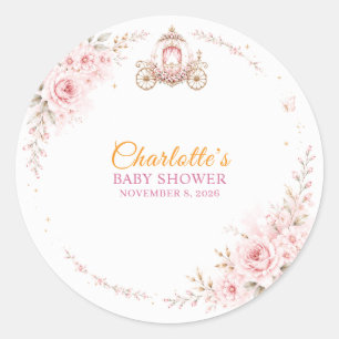 Pink Floral Princess Carriage Baby Shower Classic Round Sticker