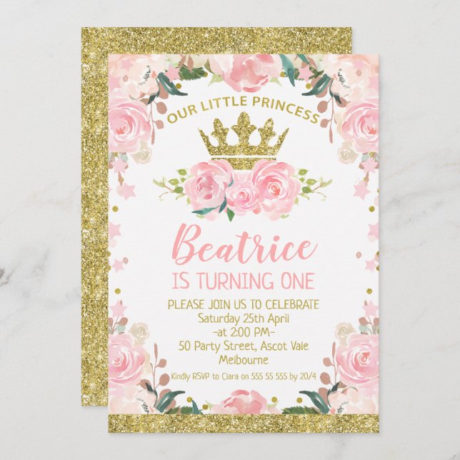 Pink Floral Princess Crown 1st Birthday Invitation (Front/Back)