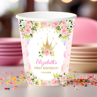 Pink Floral Princess Crown 1st Birthday Paper Cups