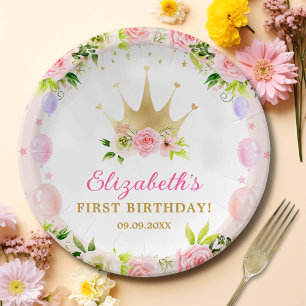 Pink Floral Princess Crown 1st Birthday Paper Plate