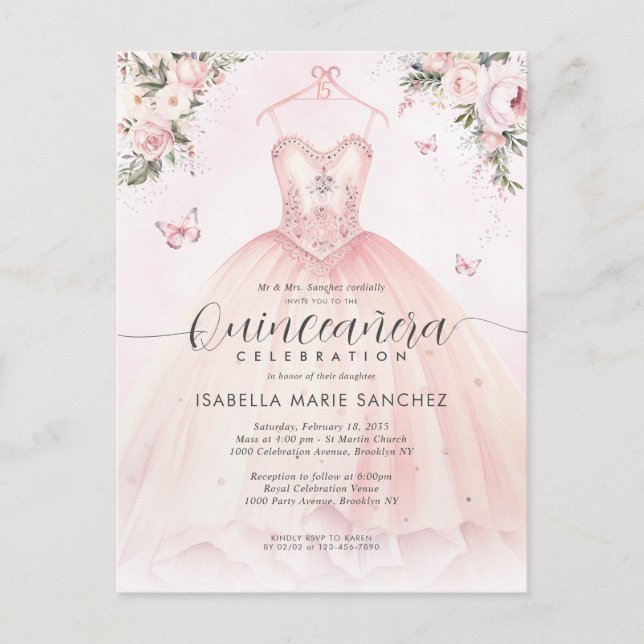 Pink Floral Princess Gown Quinceanera Birthday Postcard (Front)