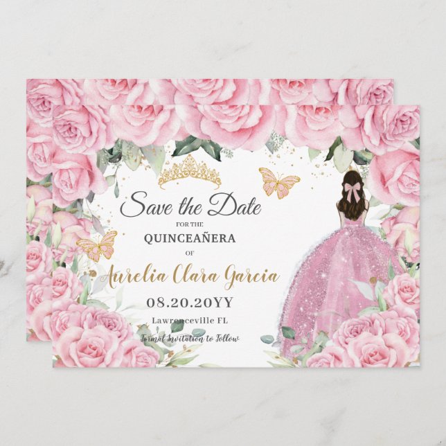 Pink Floral Princess Quinceañera Quince Sweet 16  Save The Date (Front/Back)