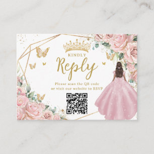 Pink Floral Princess Quinceanera RSVP QR Code Enclosure Card