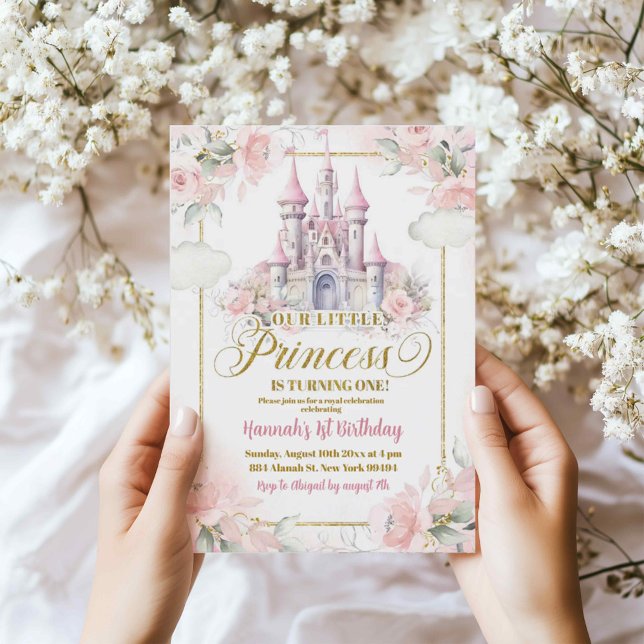 Pink Floral Princess Royal Castle 1st Birthday Invitation (Creator Uploaded)