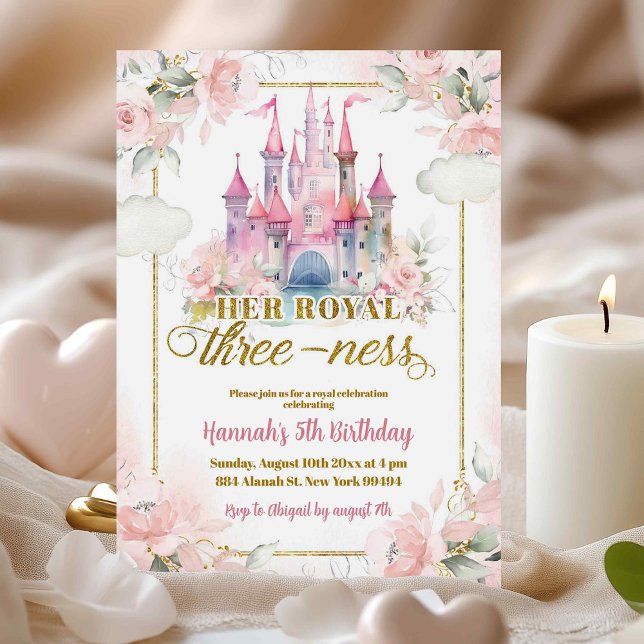 Pink Floral Princess Royal Castle 3rd Birthday Invitation (Creator Uploaded)