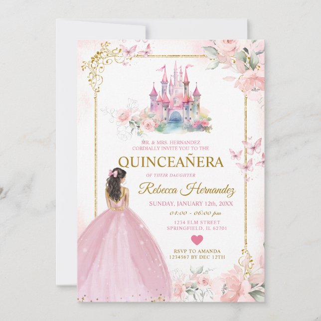 Pink Floral Princess Royal Castle Gold Quinceañera Invitation (Front)