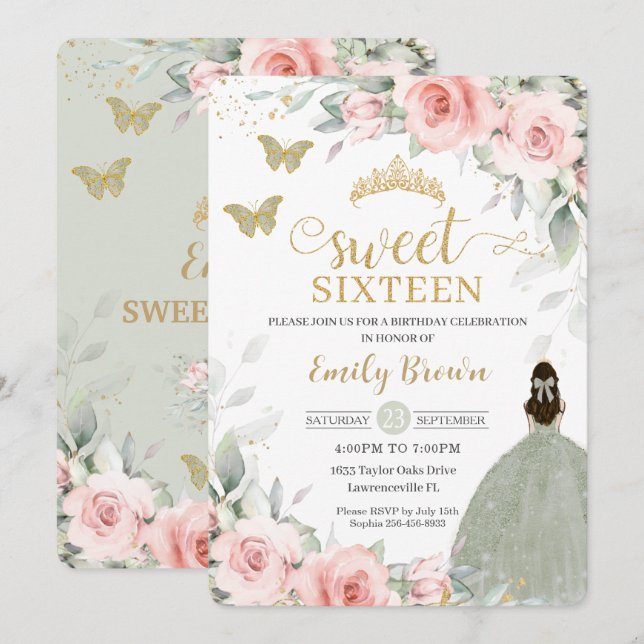 Pink Floral Princess Sage Green Sweet Sixteen Invitation (Front/Back)