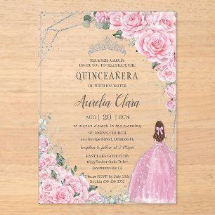 Pink Floral Princess Silver Quinceanera Mis 15 Acrylic Invitations