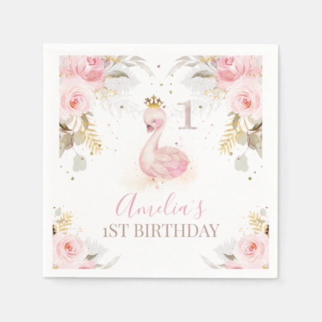 Pink Floral Princess Swan 1st Birthday Paper Napkin (Front)