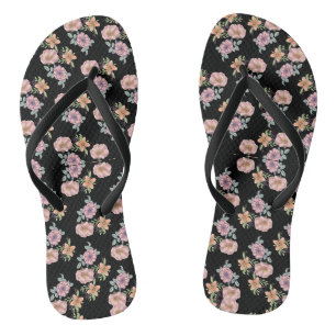 Pink floral print pattern on black jandals