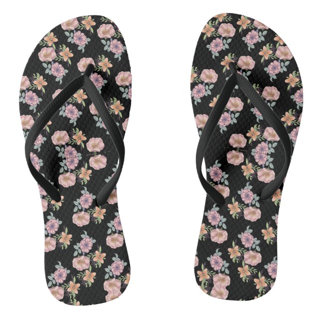 Pink floral print pattern on black jandals (Footbed)