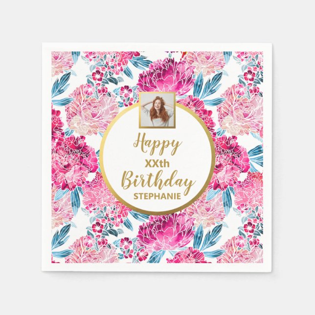 Pink Floral Print, Photo, Any Age, Custom Birthday Napkin (Front)