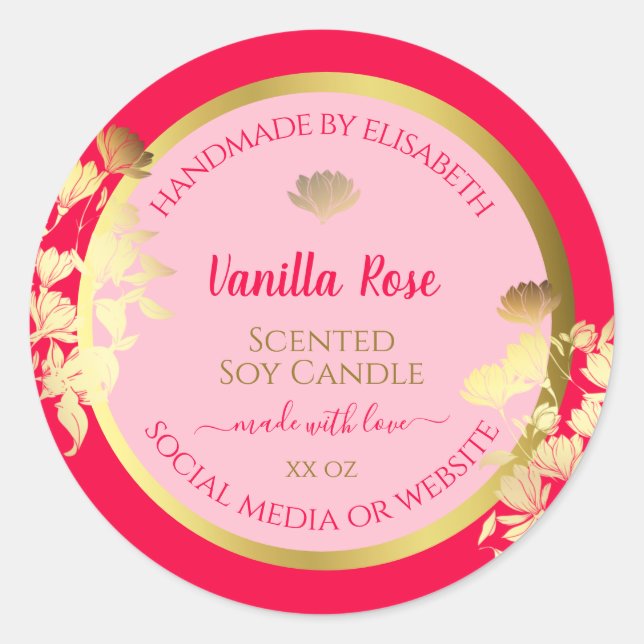 Pink Floral Product Packaging Labels Gold Frame (Front)