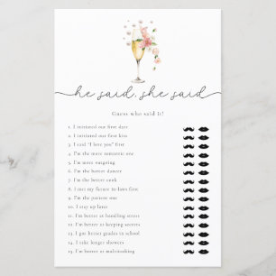 Pink Floral Prosecco He Said She Said Bridal Game