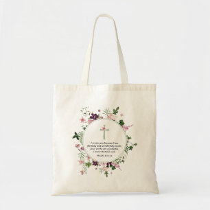 Pink Floral Psalm 139:14 Tote Bag