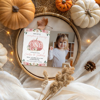 Pink Floral Pumpkin 1st Birthday Photo Invite