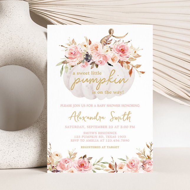 Pink Floral Pumpkin Baby Shower  Invitation (White Pumpkin Pink Floral Baby Shower Invitation)