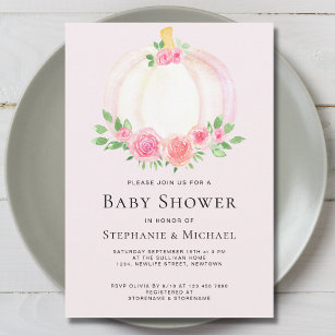 Pink Floral Pumpkin Couples Baby Shower Invitation