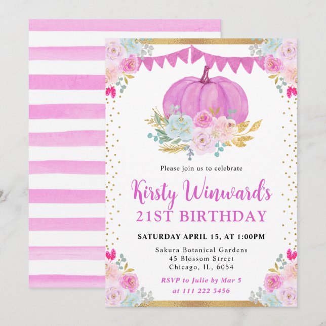 Pink Floral Pumpkin Fall 21st Birthday Invitation (Front/Back)
