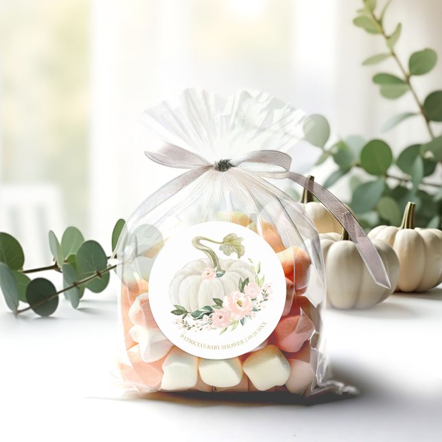 Pink Floral Pumpkin Fall Baby Shower Classic Round Sticker (Creator Uploaded)