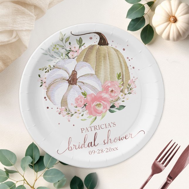 Pink Floral Pumpkin Fall Bridal Shower Paper Plate (Creator Uploaded)