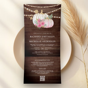 Pink Floral Pumpkin Fall QR Code Barn Wood Wedding Tri-Fold Invitation