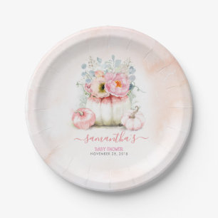 Pink Floral Pumpkin Fall Wedding Paper Plate