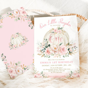 Pink Floral Pumpkin Girl 1st Birthday Party Invitation