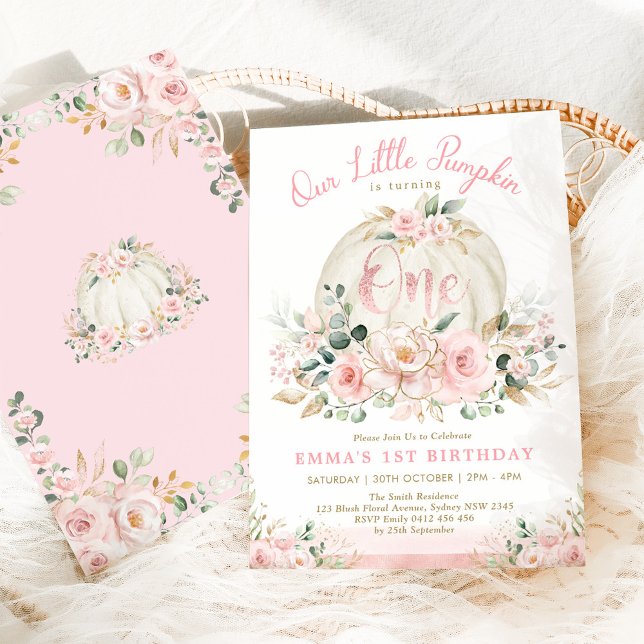 Pink Floral Pumpkin Girl 1st Birthday Party Invitation (Creator Uploaded)
