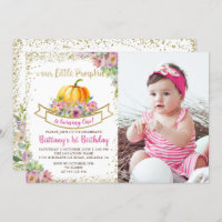 Pink Floral Pumpkin Glitter Girl Birthday Photo
