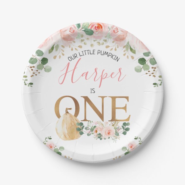 Pink Floral Pumpkin Gold First Birthday Party  Paper Plate (Front)
