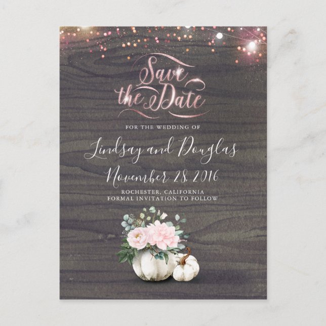 Pink Floral Pumpkin Rustic Fall Save the Date Announcement Postcard (Front)