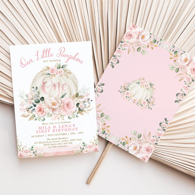 Pink Floral Pumpkin Twin Sister Joint 1st Birthday Invitation (Creator Uploaded)