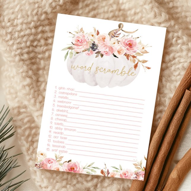 Pink Floral Pumpkin Word Scramble Game (Girl Fall Pumpkin Baby Shower Word Scramble Game)