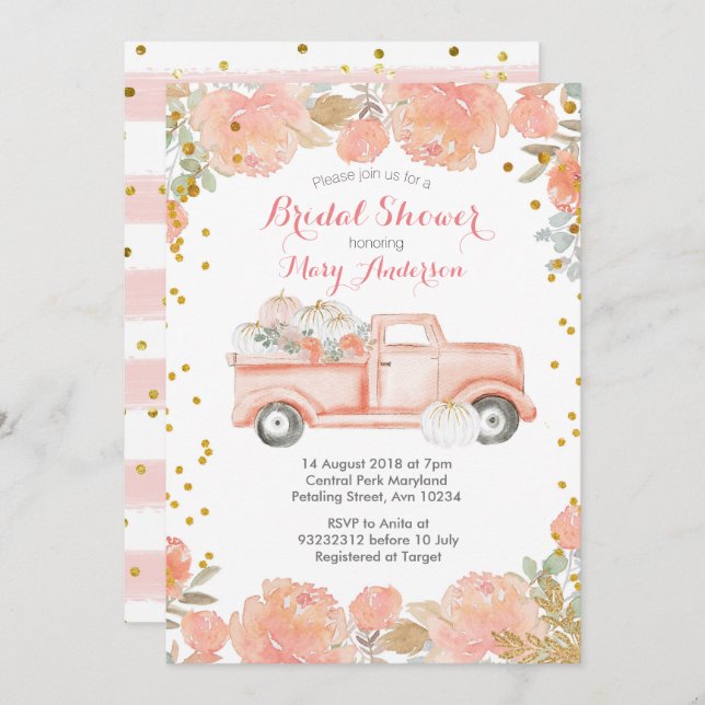 Pink Floral Pumpkins Truck Rustic Bridal Shower Invitation (Front/Back)