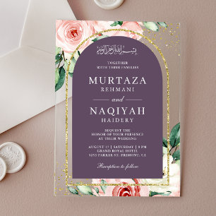 Pink Floral Purple Arch Muslim Wedding Acrylic Invitations