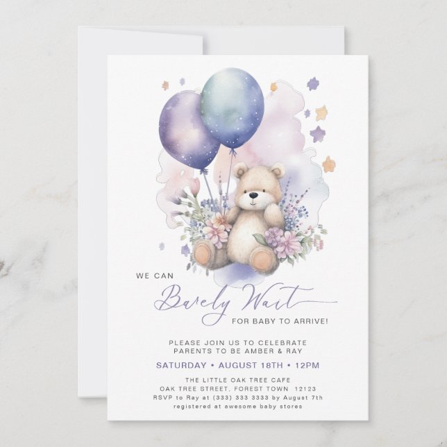 Pink Floral Purple Balloon Bear Girl Baby Shower Invitation (Front)