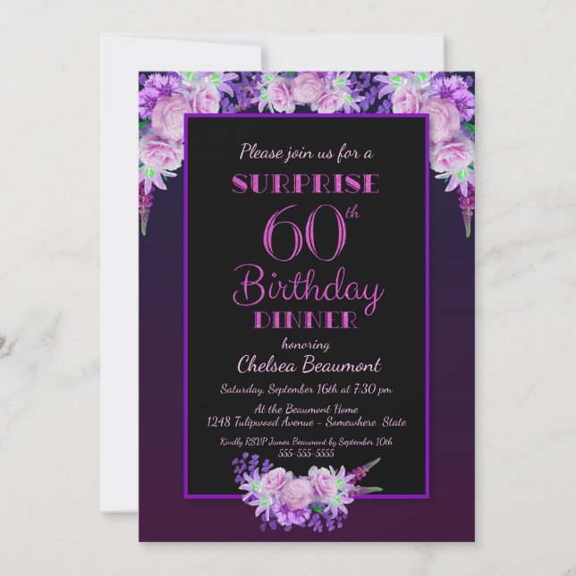 Pink Floral Purple Surprise 60th Birthday Dinner Invitation (Front)
