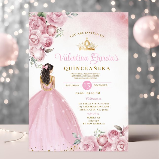 Pink Floral Quinceañera 15 Anos Flowers Gold Crown Invitation (Creator Uploaded)