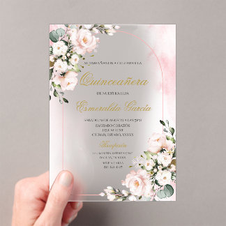 Pink floral quinceañera acrylic invitations