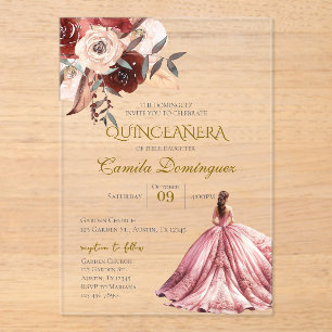 Pink Floral Quinceanera  Acrylic Invitations