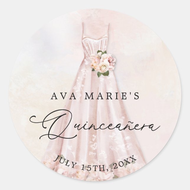 Pink Floral Quinceañera Birthday Classic Round Sticker (Front)