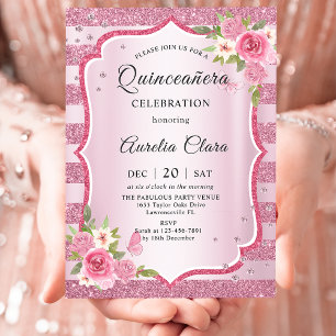 Pink Floral Quinceañera birthday Invitation