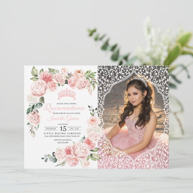 Pink Floral Quinceanera Birthday Photo Invitation (Standing Front)