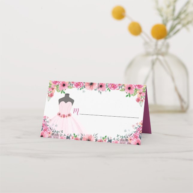 Pink Floral Quinceanera Dress Party Blank Place Card (Front)