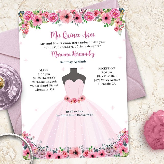 Pink Floral Quinceanera Dress Party Invitation (Creator Uploaded)