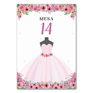 Pink Floral Quinceanera Dress Party Table Number